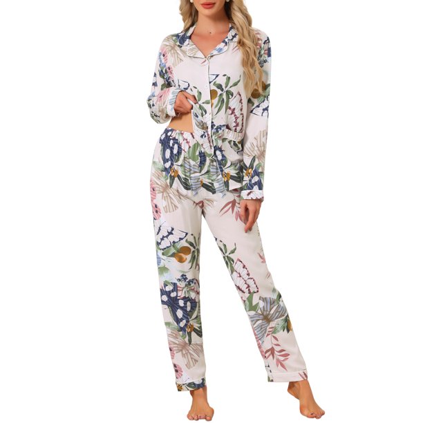 INSPIRE CHIC Conjuntos de Pijamas para Mujer de Manga Larga 2 Piezas Ropa de Dormir con Botones Estampado Floral Ropa de Casa con Bolsillos S Mariposa