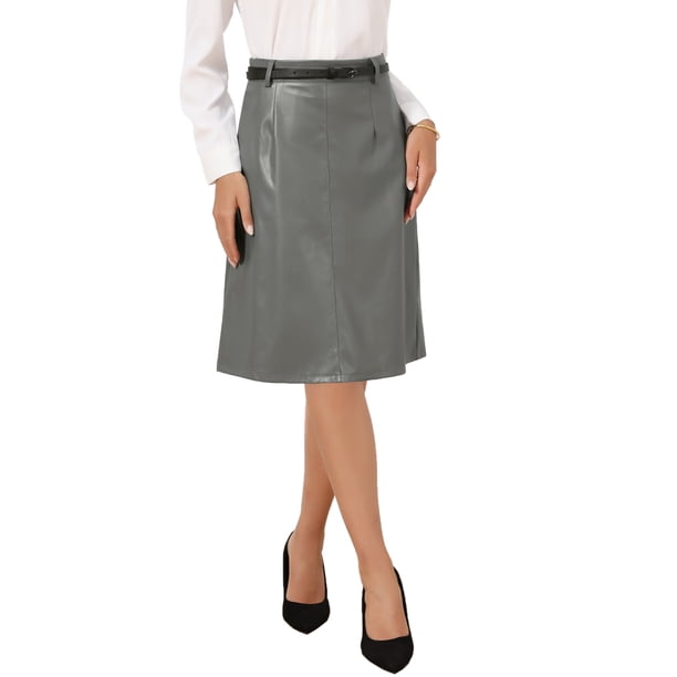 INSPIRE CHIC Falda de Mujer de Cuero Sintético Línea A Cintura Alta Vintage Lápiz Midi Falda M Gris Oscuro