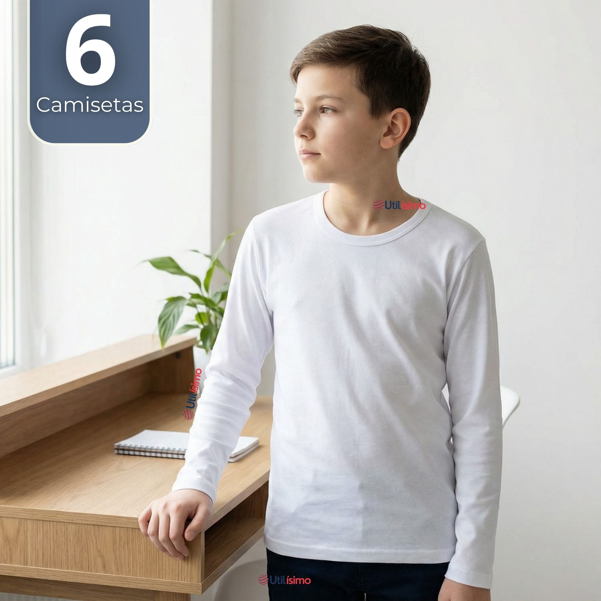 Utilisimo - Pack 6 Camisetas Algodón Manga Larga Polera Primera Capa Blanco Niño Y Niña