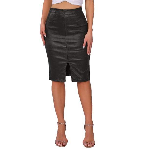 INSPIRE CHIC Falda de Mujer Fiesta Cintura Alta Abertura Frontal Brillante Bodycon Lápiz Midi Falda S Negro