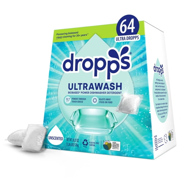 Pods Drops UltraWash para lavavajillas, sin perfume, 64 unidades
