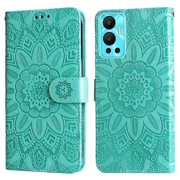 Funda tipo cartera FOXDOCK para Infinix Hot 12 , diseño girasol en relieve, cuero PU, cierre magnético, soporte y tarjetero