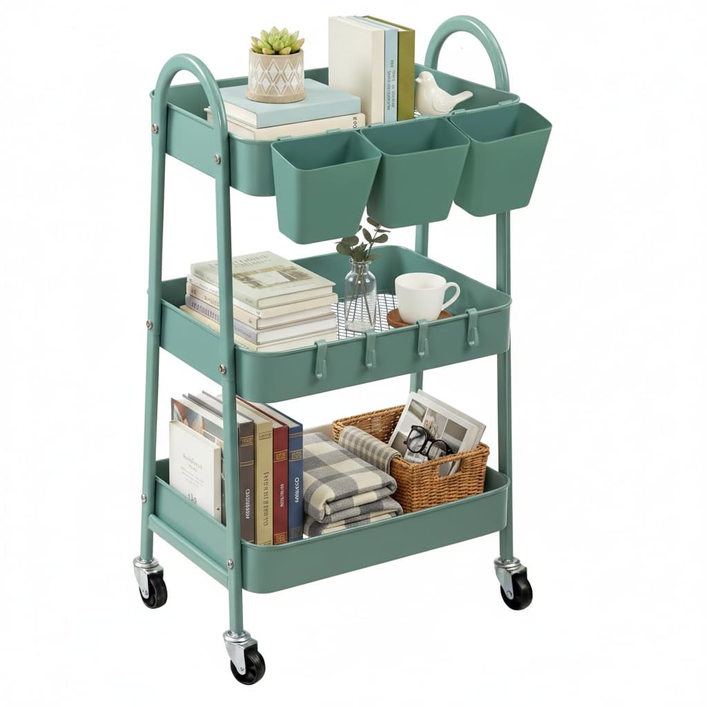 Rolling Cart Danpinera De Almacenamiento De Metal De 3 Niveles, Verde, Con Ruedas