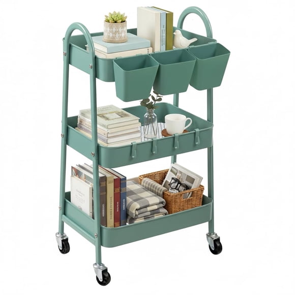 Rolling Cart danpinera de almacenamiento de metal de 3 niveles, verde, con ruedas