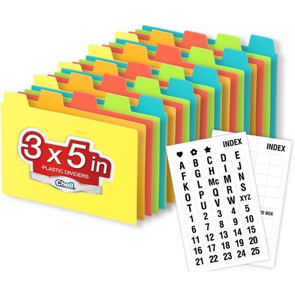 Chell 3 x 5 Plastic Index Card Dividers, colores primarios, paquete de 25