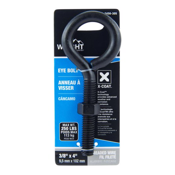 Eyebolt Wright, acero negro, 3/8 pulgadas x 4 pulgadas con tuerca, 250 libras