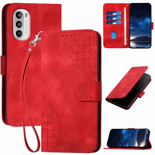 Funda Flip Premium Fibra de Carbono para Motorola MOTO G52 con Soporte y Cierre Rojo