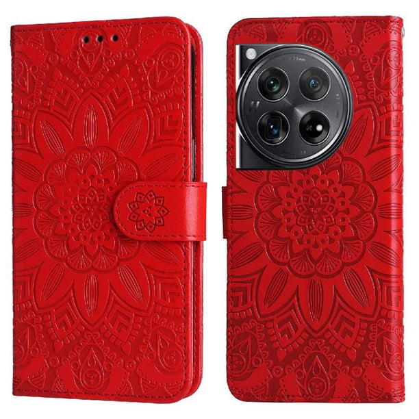 Funda tipo cartera FOXDOCK para OnePlus 12 , diseño girasol en relieve, cuero PU, cierre magnético, soporte y tarjetero
