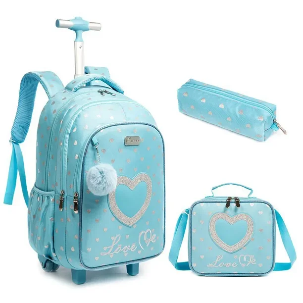 Children's Rolling Backpack Set Wheeled Schoolbag Kids Backpack with Insulated Lunch Bag and Pencil Case for Boys and Girls