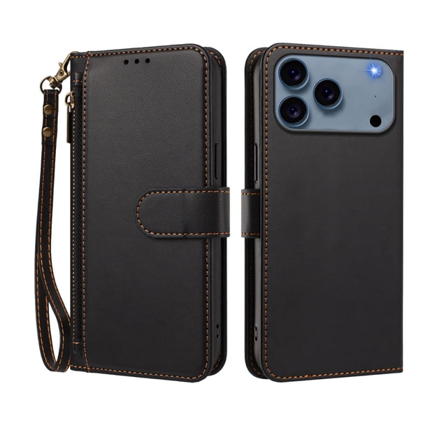 Funda Tipo Billetera para iphone17 Promax con Soporte y Bolsillo con Cierre Negro