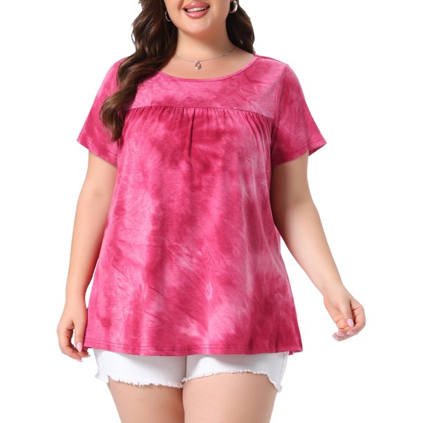 Agnes Orinda Camisetas Básicas de Verano con Pliegues y Cuello Redondo Casual de Manga Corta con Tinte de Corbata para Mujer de Talla Grande 3X Rosa Fucsia
