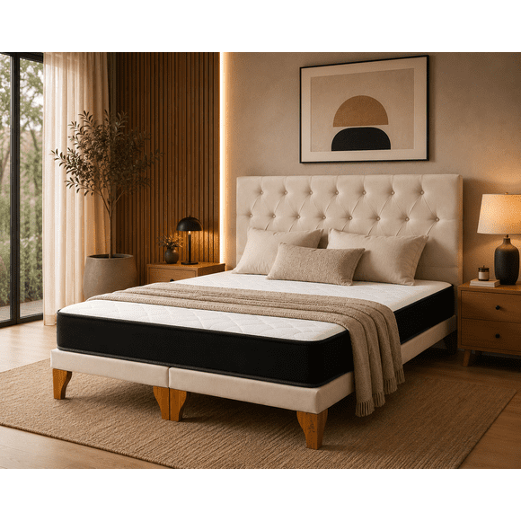 Cama Europea 2 Plazas Capitoné Beige Lino Premium con Colchón | Base Dividida y Respaldo Alto