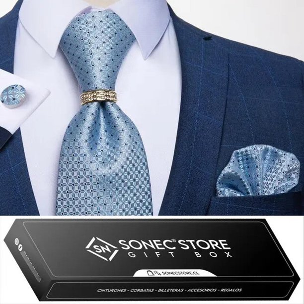 Corbata Hombre Seda En Caja + Anillo Dorado, Paño Y Colleras celeste Talla Única