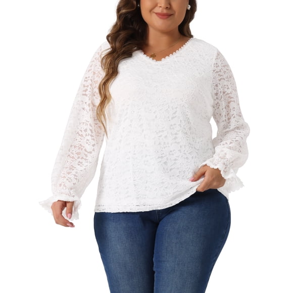 Agnes Orinda Blusa Casual Elegante para Mujer Talla Grande, Estilo Escolar Universitario, Encaje Floral de Doble Capa, Cuello en V, Manga Larga Transparente, Túnica, Talla 4X, Color Blanco