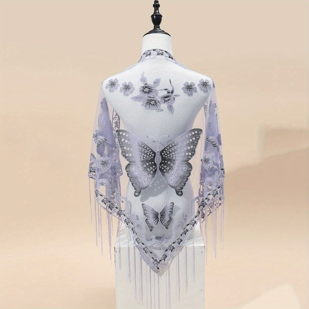 29.5"×55.1" Triangle Scarf Butterfly Flower Embroidery Lace Tassel Shawl Elegant Breathable Windproof Wrap Outdoor Accessories