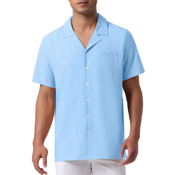 INSPIRE CHIC Edición Camisas de Lino para Hombre Cuello Campamento Manga Corta Botón Abajo Camisas de Playa de Verano L Azul