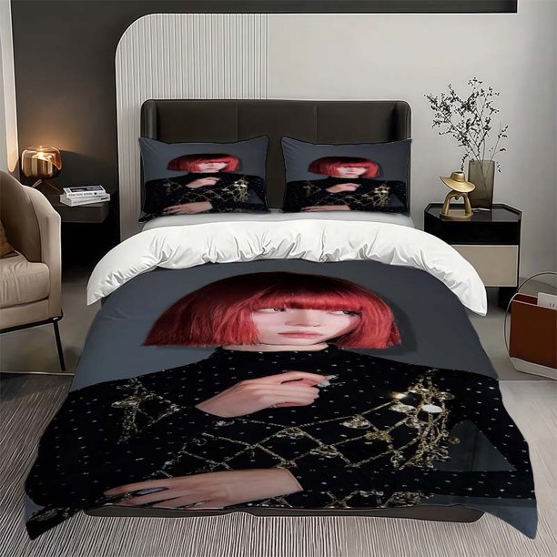 3pcs Winter Red Hair Black Outfit Photo Print Set Soft and Comfortable Bedding Set Suitable for All Seasons