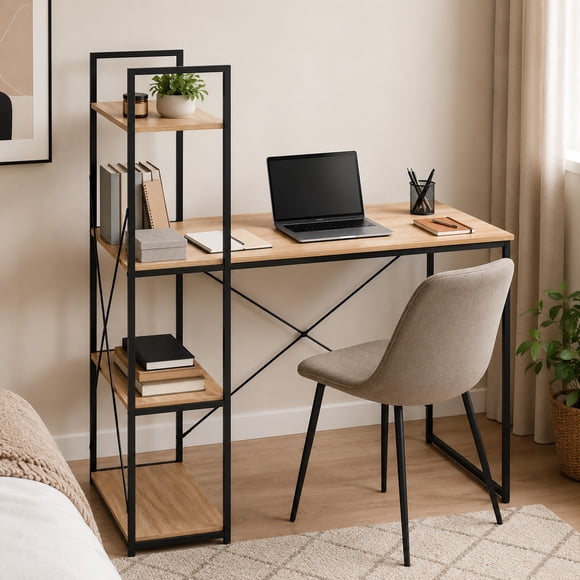Escritorio con Estante 4 Niveles para Home Office, Estudio u Oficina, Diseño Industrial Madera y Negro