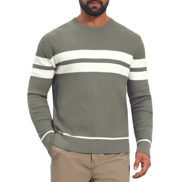 INSPIRE CHIC Suéter de Punto para Hombre Cuello Redondo Jersey Casual a Rayas M Verde Oliva