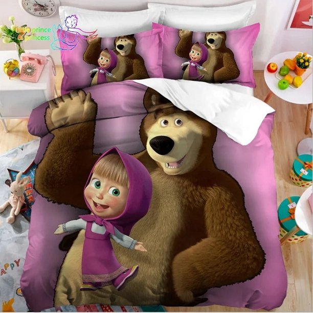 Kawaii Mashas and Bear Bedding Set Single Twin Full Queen King Size Bed Set Adult Kid Bedroom Bedding Gift