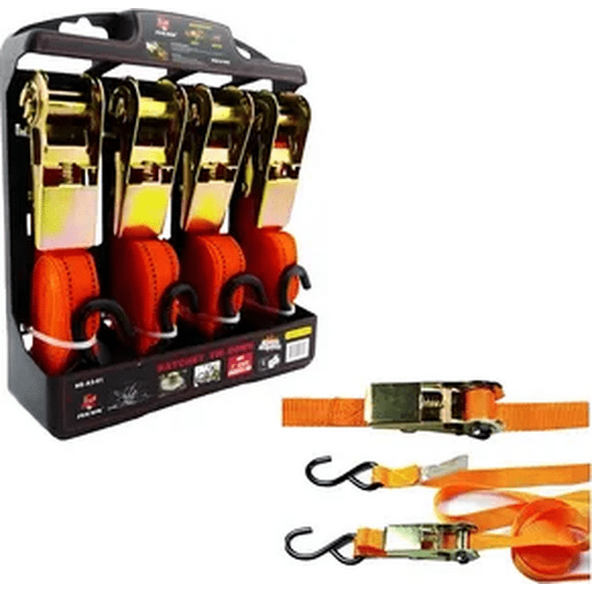 Genérico - Set Kit Juego Eslinga Cinta Amarre Ratchet 4 Piezas Naranja