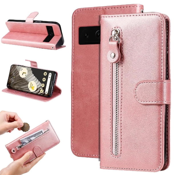 Funda tipo cartera para Google Pixel 7 Pro con bolsillo con cremallera y ranuras para tarjetas – Función de soporte Rosa