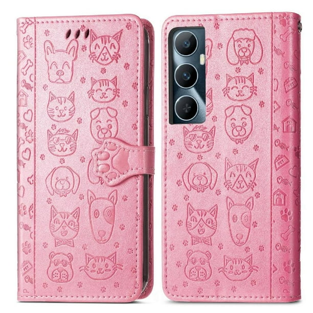Funda Cartera FOXDOCK para Realme C65 , Flip PU con Relieve de Gatos y Perros, Tarjetero y Soporte
