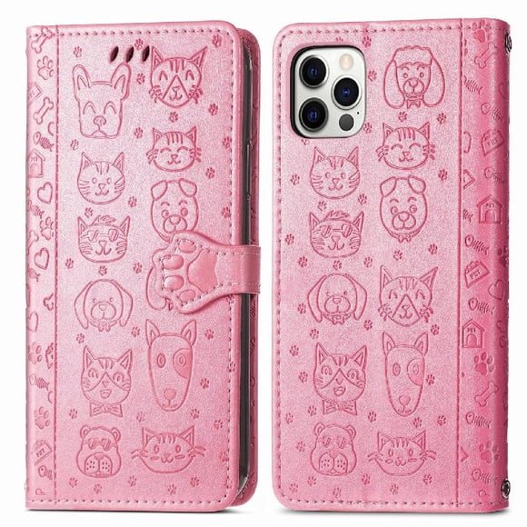 Funda Cartera FOXDOCK para iPhone 12 ProMax , Flip PU con Relieve de Gatos y Perros, Tarjetero y Soporte