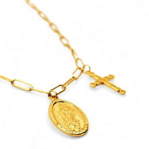 Tiana Joyas - Collar Religioso De Cruz Junto Con La Medalla De La Virgen De Los Rayos De Plata 925 Enchapada En Oro De 18K
