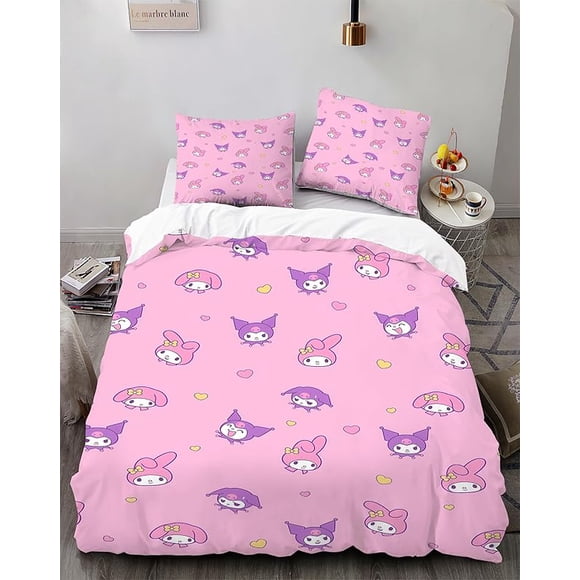 Cartoo-n Bunn-y 3-Piece Bed- Set Warm- and- Comfort Kawaii Bedd-ing Set C-ute Soft Microfib-er Bedc-loths for -Boys Girls Kids -Twin