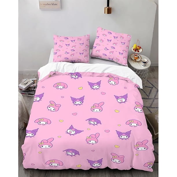 Cartoo-n Bunn-y 3-Piece Bed- Set Warm- and- Comfort Kawaii Bedd-ing Set C-ute Soft Microfib-er Bedc-loths for -Boys Girls Kids -Twin