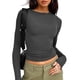 thumbnail image 1 of Camiseta básica de cuello redondo para mujer, informal, de manga larga, ajustada, de color puro, elástica, gris oscuro, talla M, 1 of 7