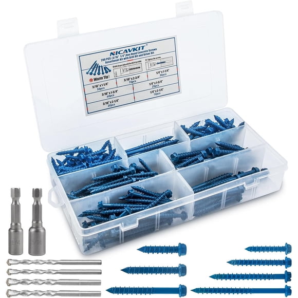 Tornillos para Concreto RURITKIT 200 Unidades Hexagonales con Brocas