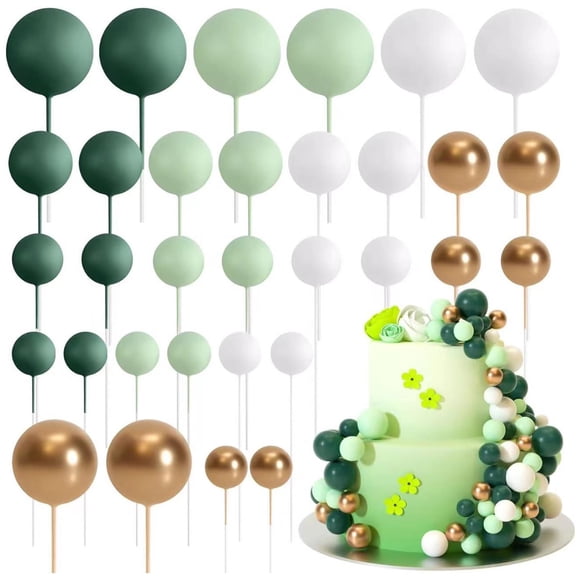 Decoración para tartas AQUGOO, 32 bolas, color verde, blanco y dorado