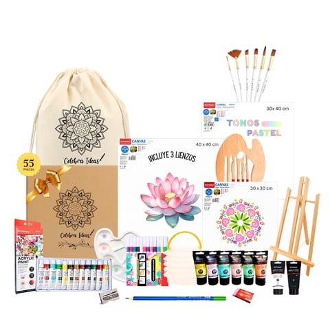Celebra Ideas - Set Kit De Arte Pinturas Acrílicos Tonos Pastel Y Bastidores 55 Pcs
