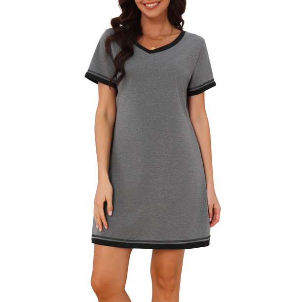 INSPIRE CHIC Camisón de Manga Corta para Mujer, Vestido de Dormir de Mezcla de Algodón Suave con Ribete en Contraste y Cuello en V para Primavera Verano XL Carbón