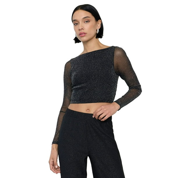 Polera Mujer Sin Espalda M/L Brillos Negro Corona