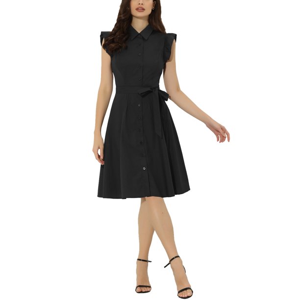 INSPIRE CHIC Vestido Camisero de Mujer Regreso a Clases Mangas Cortas Cuello en Punta Cinturón Botones Vestido Medio Negro S