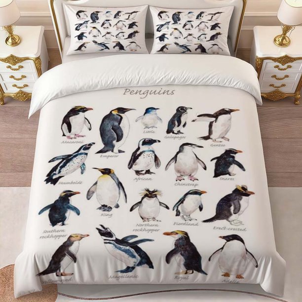 Penguin Watercolor Style Bedding Set | Includes 1 Duvet Cover and 2 Pillowcases Multicolor Print
