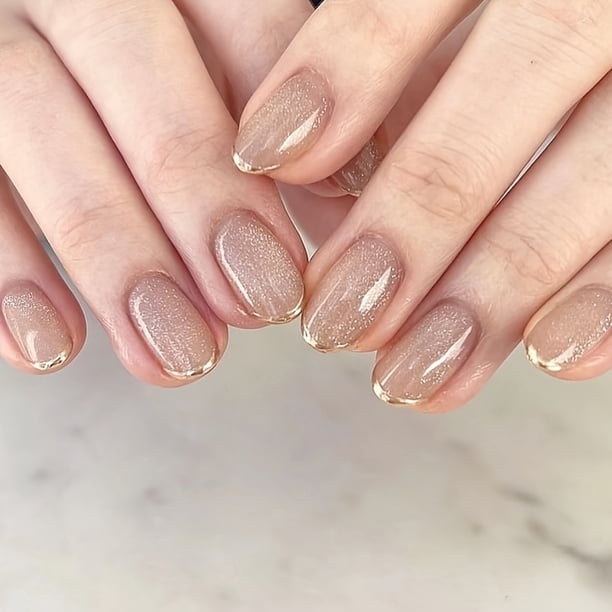 Glossy Oval Press On Nails with Golden Glitter - French Tip Artificial Acrylic Nails for a Blingy Look