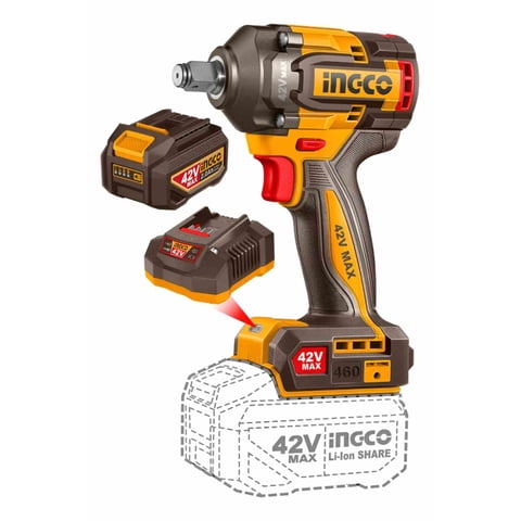 Ingco - Llave De Impacto 42V 460Nm + Batería 2Ah + Cargador Amarillo 50Hz/60Hz