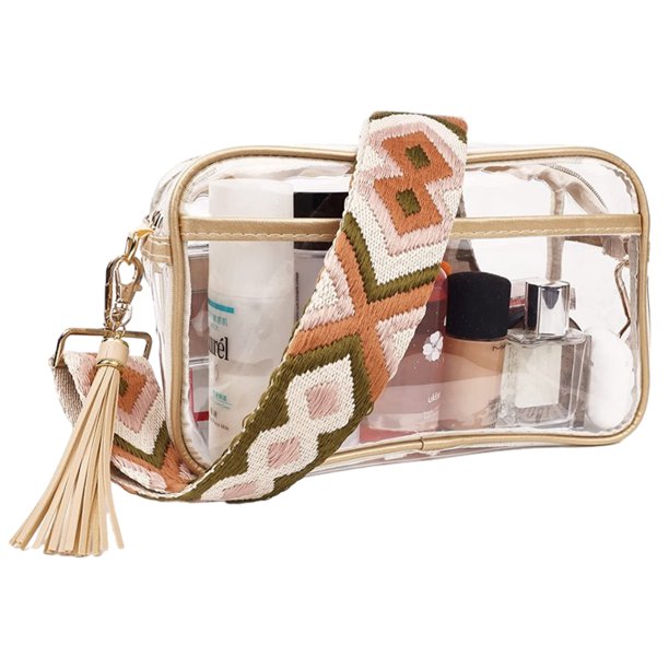 Bolsos cruzados para mujer, bolsos transparentes aprobados para estadios con correas de guitarra, bolso cruzado transparente, mochila transparente para eventos deportivos.