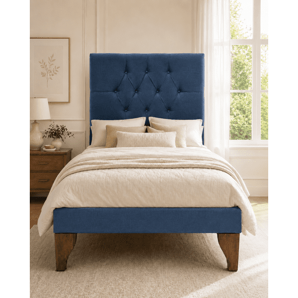 Cama 1 Plaza Azul Rey Capitone + Colchon Mery Desing
