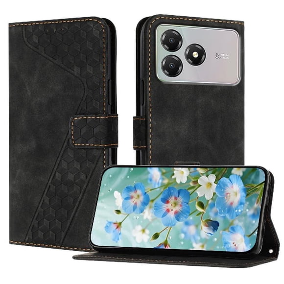 Funda tipo cartera para ZTE Blade A36 con tarjetero, bolsillo para billetes, soporte, cierre magnético y correa para la muñeca, funda tipo folio con textura geométrica negro
