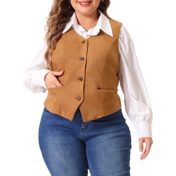 Agnes Orinda Trajes de Halloween para Mujeres Chalecos de Talla Grande Cuello en V Totalmente Forrado Botones Vestido de Trabajo Elegante Chaleco de Esmoquin Chaleco 2X Marrón