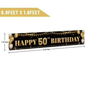 Tzss - Banner Grande Para Decoración De Cumpleaños Número 50, Negro Y Dorado, Cartel De Feliz 50