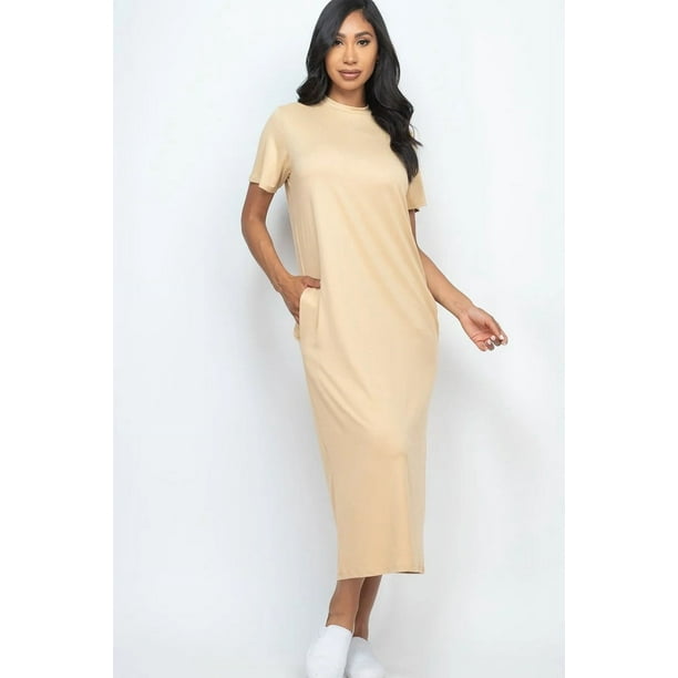 Saronite Vestido Largo Básico de Manga Corta, Color Topo (para Mujer)