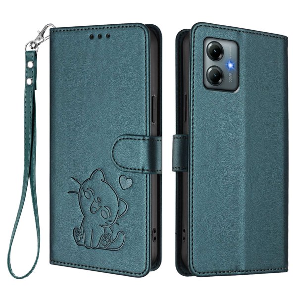 Motorola MOTO G Play 2025 Funda Billetera con Estampado de Gato, Verde Oscuro