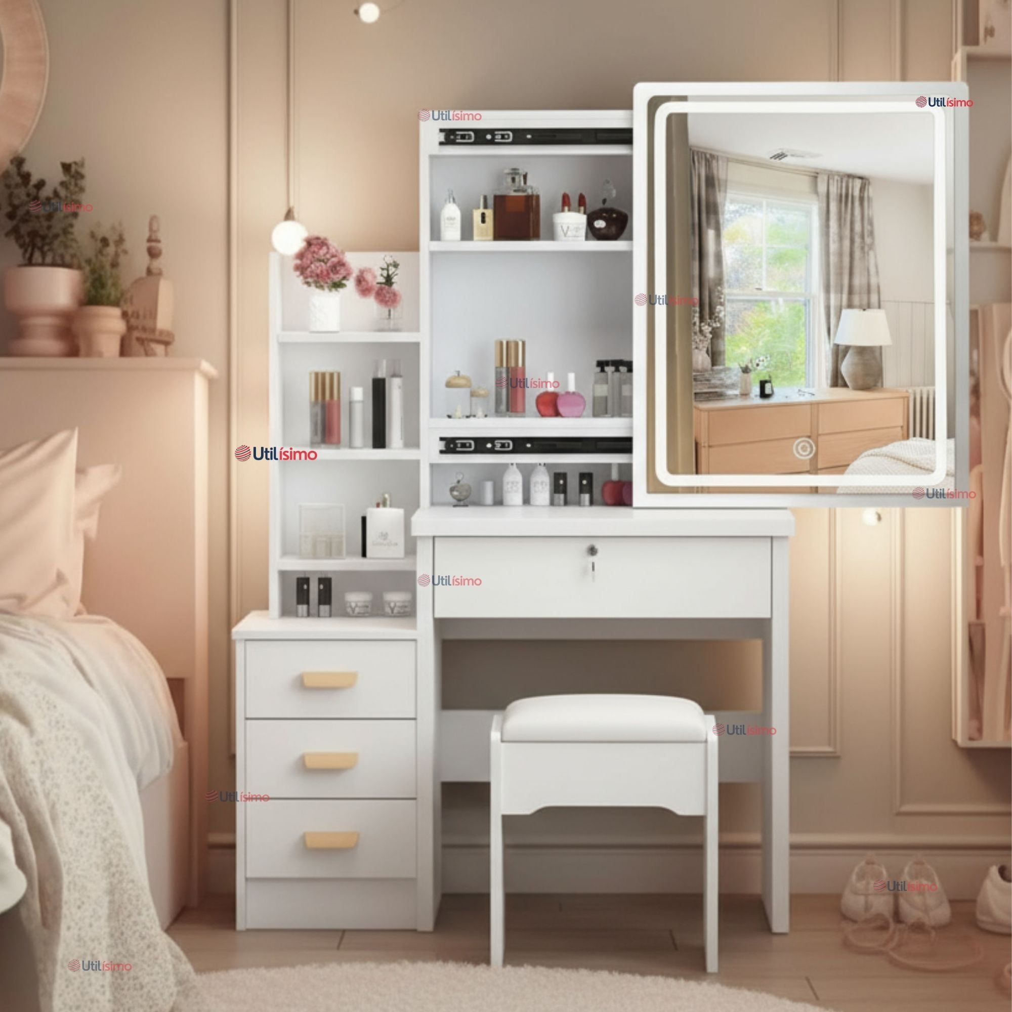 Line - Tocador Y Taburete De Lujo Espejo Ajustable Con Luz Integrada 4 Cajones Mdf Blanco 80x40x135cm