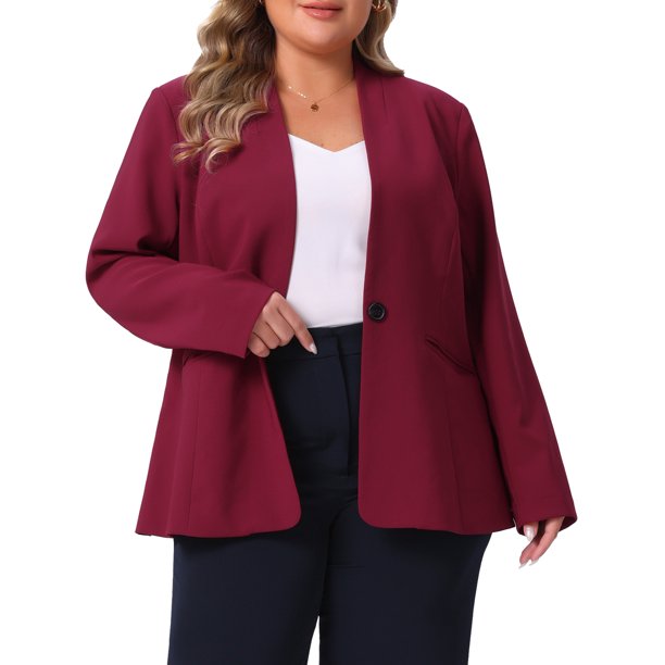 Agnes Orinda Chaqueta Casual de Negocios para Mujer Talla Grande con Botones, Sin Cuello, de Manga Larga y Bolsillos 4X Burdeos